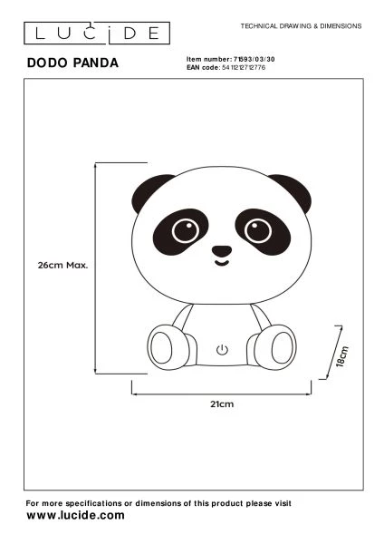 Lucide DODO PANDA - Table lamp Children- LED 3 StepDim - 1x3W 4000K - Black - technical